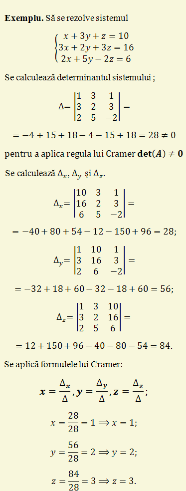 regula Cramer, matricea sistemului, formula Cramer, determinantul sistemului, delta x, coeficientul x, coloana coeficientilor exercitii probleme rezolvate matematica algebra profesor liceu generala gimnaziu mate teorie explicatii exemple rezolvare