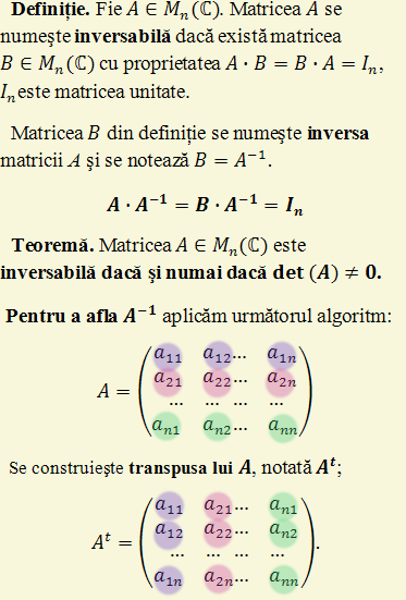 Inversa unei matrici de ordin 3, matricea A se numeste inversabila daca exista matricea B cu proprietatea, I este matricea unitate, determinant, A la minus 1, ecuatii matriceale, sa se rezolve ecuatia matriceala, se calculeaza determinantul, se construieste adjuncta