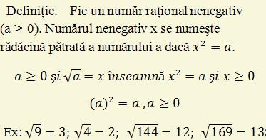 Extragerea de sub radical Definitie radical exemple exercitii Fie un numar rational nenegetiv. Numarul nenegativ se numeste radacina patrata a numarului a daca x2=a 